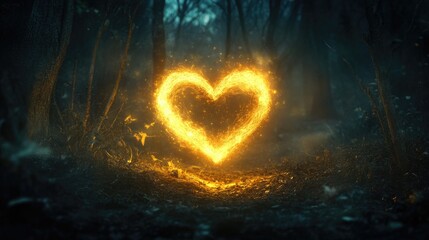 Poster - A glowing heart-shaped light floating in a dark forest, casting an ethereal and magical glow in the midst of the mysterious woods.