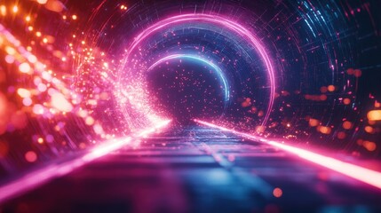 Poster - A glowing neon light portal with sparks flying out, creating a dynamic and futuristic effect on a dark background.