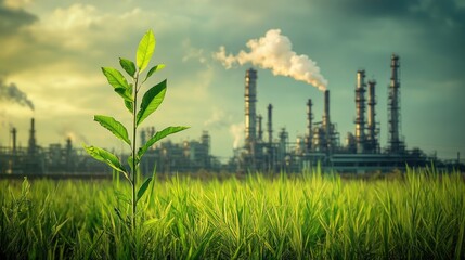 Aufkleber - A green plant thrives in the foreground as a massive oil refinery spews smoke in the background, representing the conflict between nature and industry.