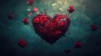 Poster - A heart fractured into pieces, surrounded by floating roses, creating a poignant and romantic visual of love and heartbreak.
