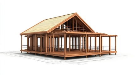 Poster - A high-resolution image of blueprints for a wooden structure house, displaying floor plans and structural details for building.