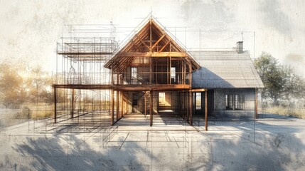 Poster - A high-resolution image of blueprints for a wooden structure house, displaying floor plans and structural details for building.