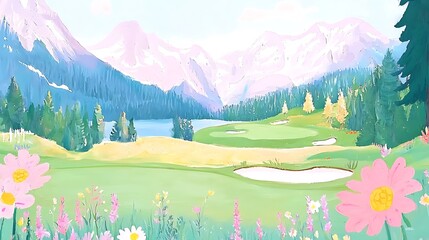 Wall Mural - Serene Mountain Golf Course Landscape Painting.