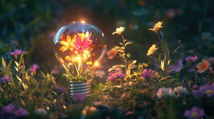 Poster - A light bulb with a glowing flower inside, surrounded by blooming flowers and fresh green grass, representing a fusion of nature and creativity.
