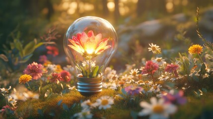 Poster - A light bulb with a glowing flower inside, surrounded by blooming flowers and fresh green grass, representing a fusion of nature and creativity.