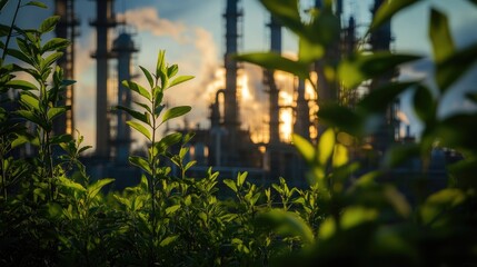 Poster - A lush green plant contrasts with the industrialized oil refinery, emphasizing the tension between nature and modern industry.