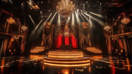 Poster - A luxurious black and gold stage illuminated with light effects, creating a dramatic and glamorous setting for an event.