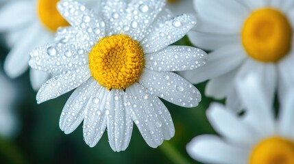 Poster - A macro view of chamomile flowers with tiny water drops clinging to the petals, emphasizing their delicate texture.