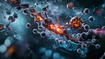 Fototapete - Microscopic interaction of molecules science lab digital art abstract background close-up view innovative concepts