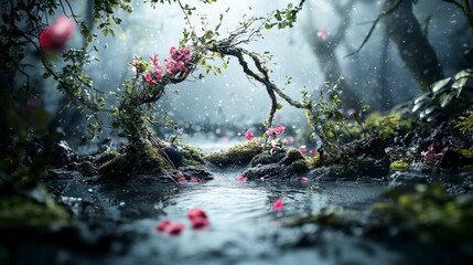 Poster - Surreal botanical landscape depicting emotional resilience enchanted forest digital art dreamlike atmosphere