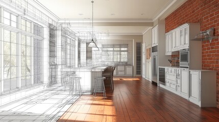 Aufkleber - A photo-realistic image of a remodeling project for a fixer-upper house, featuring 3D wireframes and blueprints for construction.