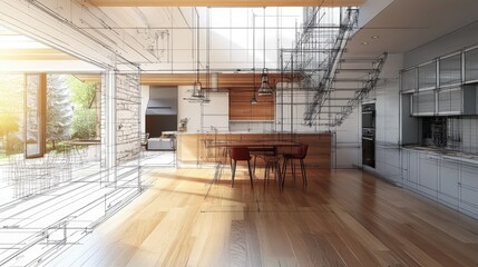 Aufkleber - A photo-realistic image of a remodeling project for a fixer-upper house, featuring 3D wireframes and blueprints for construction.