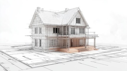 Poster - A realistic 3D wireframe model and blueprint layout of an old house being remodeled, with construction elements in place for renovation.