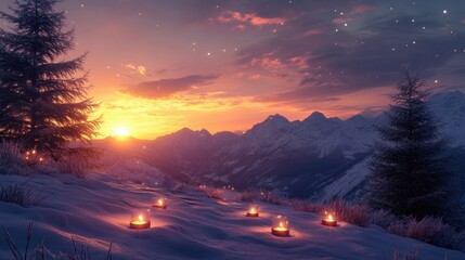 Poster - A serene sunset over snowy mountains, illuminated by the soft glow of candles, creating a peaceful and calming atmosphere.