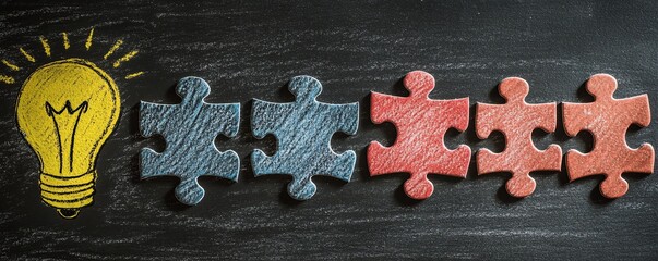 Fototapete - A blackboard with a light bulb drawing and jigsaw puzzle pieces shaped like steps, symbolizing the logical progression in the development of new ideas