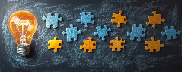 Fototapete - A blackboard with a light bulb drawing and jigsaw puzzle pieces shaped like steps, symbolizing the logical progression in the development of new ideas