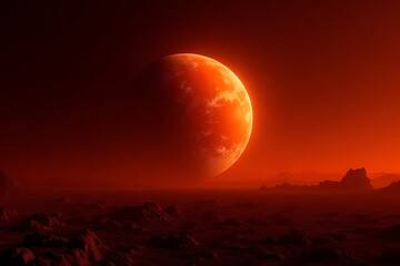 Wall Mural - Desert Landscape with Moon, Sunset and Sunrise in the Sky