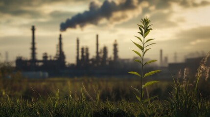 Poster - A single green plant in focus contrasts against the massive, smoke-filled background of an oil refinery, illustrating nature versus industrial pollution.