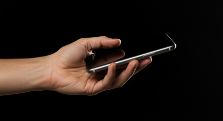Poster - Smartphone in hand on black background. Hand holding smartphone. Smartphone in hand
