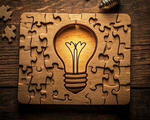 Leinwandbilder - A concept image of a wooden desk with a nearly completed puzzle, the last piece featuring a light bulb drawing, symbolizing idea creation and solving challenges