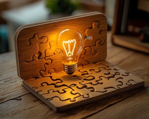 Leinwandbilder - A concept image of a wooden desk with a nearly completed puzzle, the last piece featuring a light bulb drawing, symbolizing idea creation and solving challenges