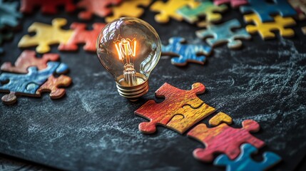 Fototapete - A creative concept of a light bulb drawn on a blackboard with jigsaw puzzle steps leading to it, representing the process of idea development and innovation