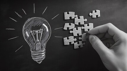 Aufkleber - A creative concept of a light bulb drawn on a blackboard with jigsaw puzzle steps leading to it, representing the process of idea development and innovation