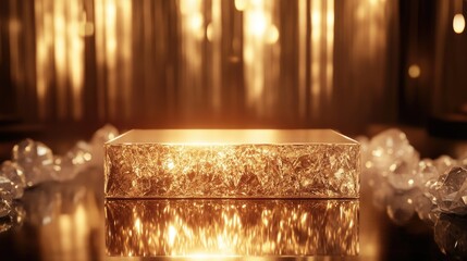 Poster - A sparkling crystal podium bathed in a warm golden light effect, creating a luxurious and ethereal atmosphere perfect for a ceremony or event.