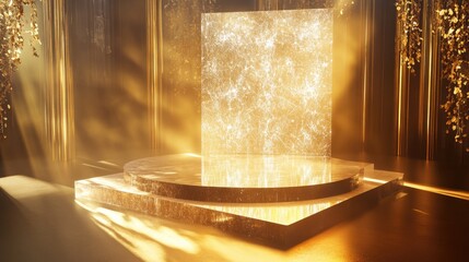Poster - A sparkling crystal podium bathed in a warm golden light effect, creating a luxurious and ethereal atmosphere perfect for a ceremony or event.