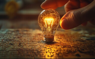 Fototapete - A hand placing the final puzzle piece with a light bulb drawing on it, symbolizing the discovery of a solution and the birth of an idea on a wooden desk