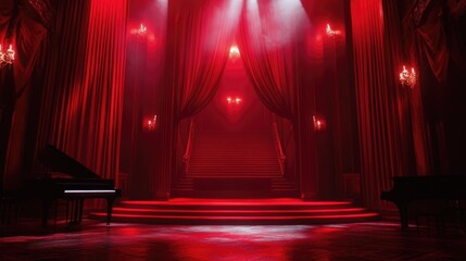 Poster - A striking scene with red curtains and a staircase, illuminated by light effects, setting a dramatic tone.