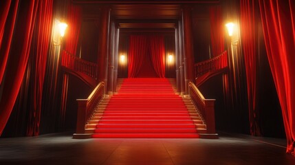 Poster - A striking scene with red curtains and a staircase, illuminated by light effects, setting a dramatic tone.