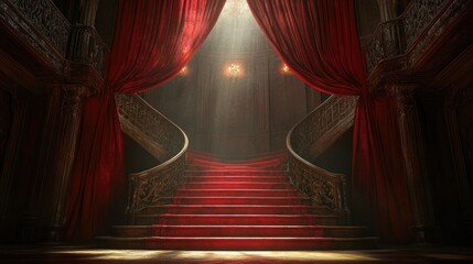 Poster - A striking scene with red curtains and a staircase, illuminated by light effects, setting a dramatic tone.