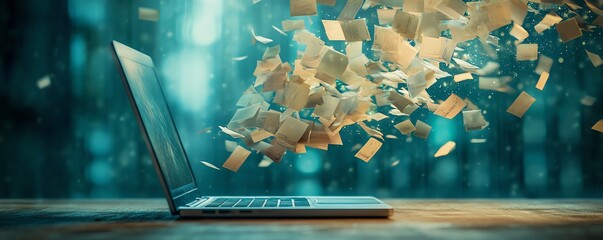 Fototapete - A laptop sending files to a cloud server, symbolizing cloud computing and file sharing in a modern tech environment