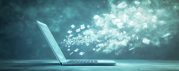 Fototapete - A laptop sending files to a cloud server, symbolizing cloud computing and file sharing in a modern tech environment