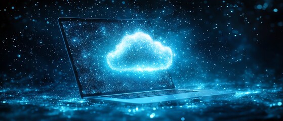 Leinwandbilder - A laptop transmitting data to the cloud, illustrating cloud computing, online storage, and the process of sharing files on a cloud server
