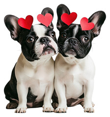 PNG Twos cute white black french bulldogs with many red paper hearts on their heads and body love pet companionship.