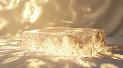 Poster - A stunning crystal podium illuminated by a soft golden light, casting a beautiful glow and highlighting the podium intricate details.