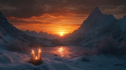 Poster - A tranquil scene with a candlelit sunset over snow-covered mountains, casting a warm, golden glow over the icy landscape.