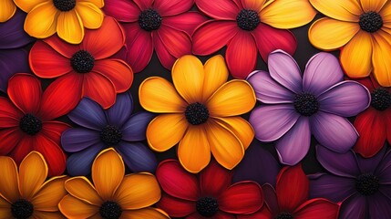 Poster - A vibrant close-up shot of colorful abstract flowers, blending hues of red, yellow, and purple in a visually striking and artistic way
