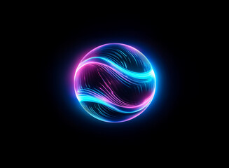 Wall Mural - A luminous sphere with swirling blue and pink neon lights is centered on a stark black backdrop, creating a vibrant abstract digital art piece.