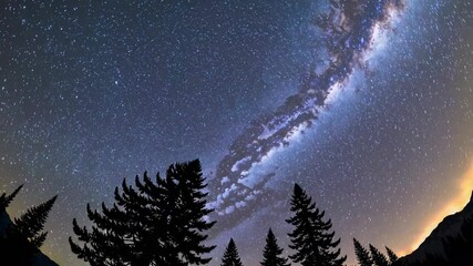 Poster - Starry night sky over silhouetted trees with milky way galaxy in background, breathtaking astrophotography. Cosmic nightscape wonder and celestial observation concept