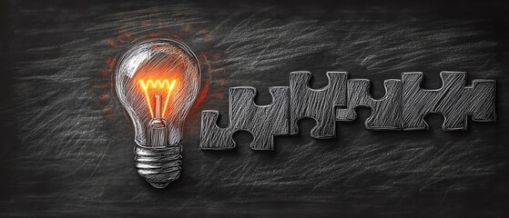 Fototapete - A light bulb sketch on a blackboard with puzzle pieces forming steps, representing the methodical process of idea development and innovation
