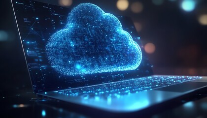 Fototapete - A modern laptop uploading files to a cloud server, symbolizing cloud computing and efficient file sharing across digital networks