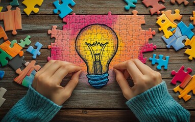 Fototapete - A person solving a puzzle on a wooden desk, with a light bulb drawn on the last piece, symbolizing the moment of idea creation and problemsolving