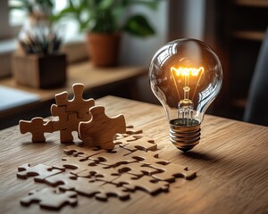 Fototapete - A wooden desk with scattered puzzle pieces and a light bulb drawn on the last piece, representing the journey of solving a problem and creating innovative ideas