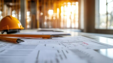 Poster - Close-up shot of construction project documents with budget projections and financial charts, illustrating the careful financial planning behind the project.