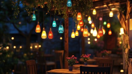Poster - Colorful hanging light bulbs gently illuminating a cozy evening, adding a touch of warmth and charm to the surroundings.