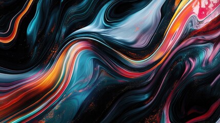 Poster - Dynamic, colorful wave lines on a black background represent energy, music, and modern technology in a fluid, abstract form.