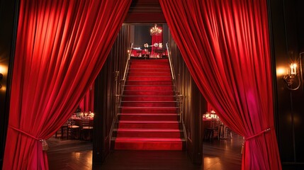 Aufkleber - Elegant red curtains open to reveal a staircase bathed in soft light, creating a dramatic atmosphere for a refined event.